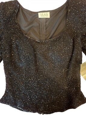 Sean Collection Black Beaded Scoop Neck Evening Top